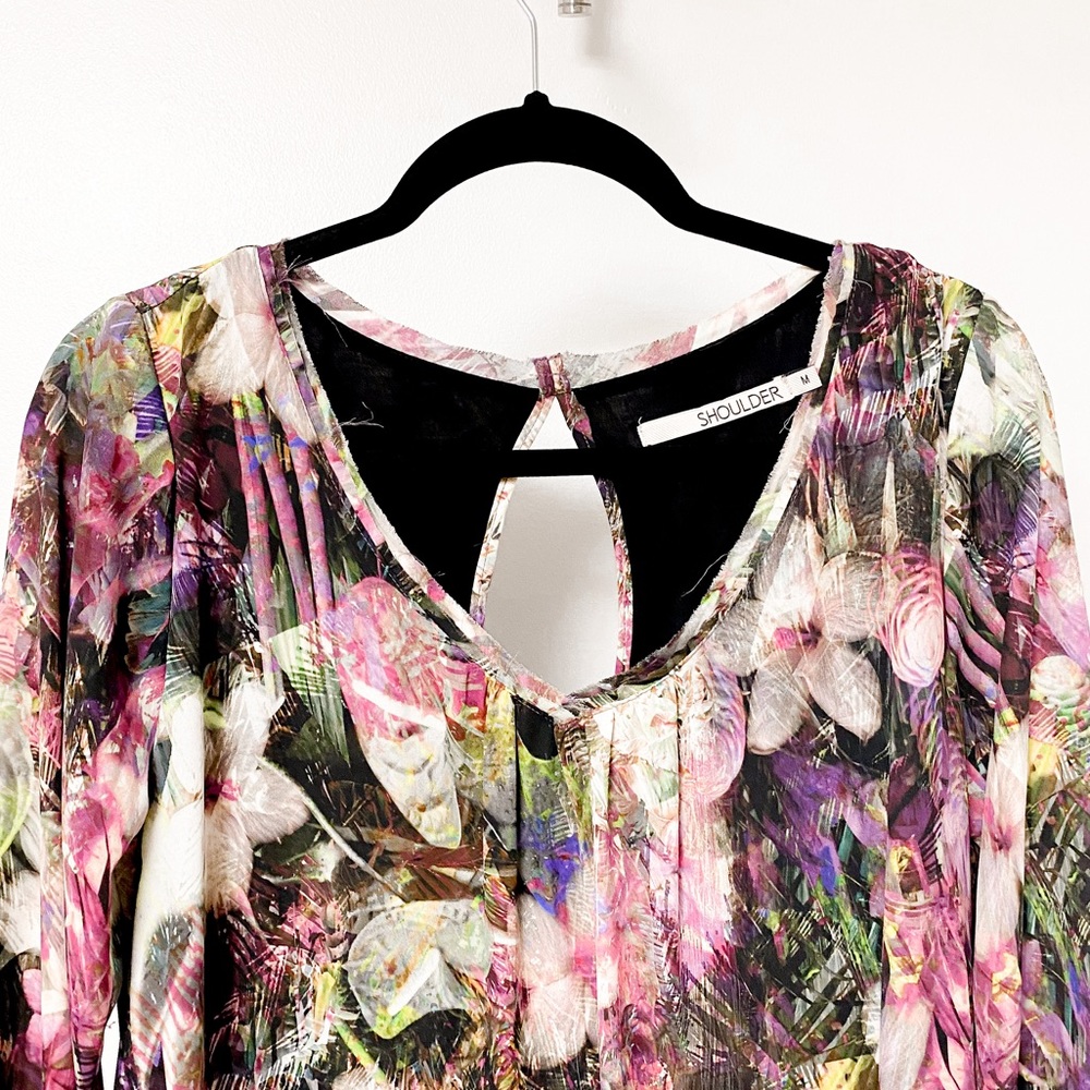 Shoulder Bold Classic Floral Holiday Vacation Chic‎ Long Sleeve Flowy Mini Dress - Picture 3 of 8